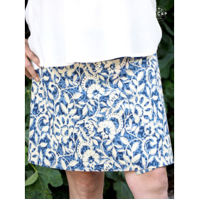 jupe bleue droite réversible a fleurs beige longueur genoux