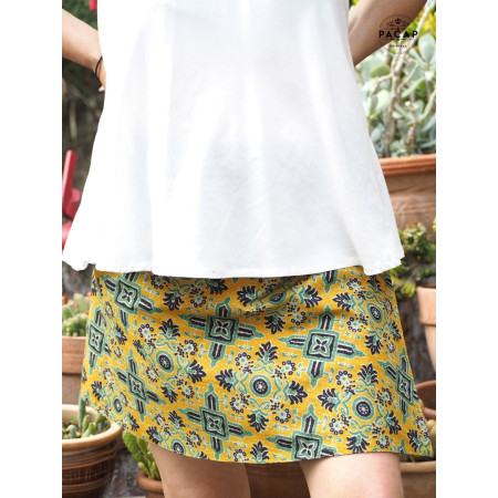 jupe imprimée femme coupe portefeuille motif vert et jaune