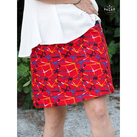 jupe rouge femme multi taille reversible coupe droite motif rétro psychédelique multicolore