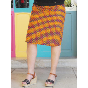 Jupe droite genoux ethnique rouge portefeuille boutonnée, jupe orange, jupe colorée ,jupe été