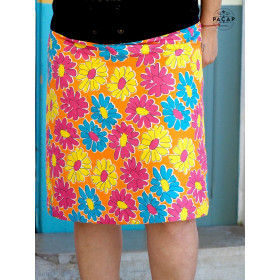 jupe orange coton à fleurs rose bleue et jaune pour femme coupe droite