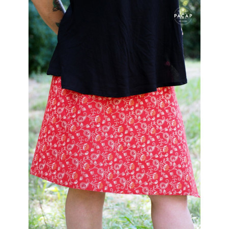 jupe femme rouge en coton imprimé cachemire ceinture large boutonnée