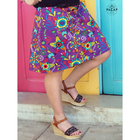 Jupe violette Portefeuille Rétro Vintage Imprimé Floral flashy Groovy réversible coupe évasée pour femme