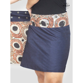 jupe en jean bleu reversible pour femme coupe droite multi-taille, jupe portefeuille, jupe wrap imprimée