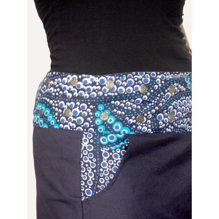 jupe jean a poche pour femme, jupe portefeuille , jupe trapèze, jupe fendue, jupe à bouton, ceinture plate imprimé pois bleu