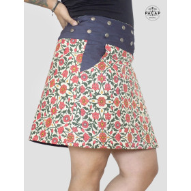 jupe en jean, jupe portefeuille, jupe imprimée, jupe 2 faces, jupe réglable, jupe poche secrète, jupe boutonnée