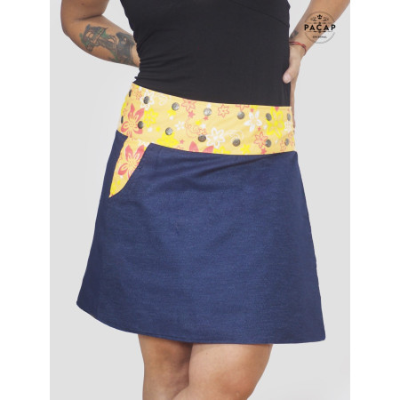 jupe grande taille en jean ceinture jaune a fleurs