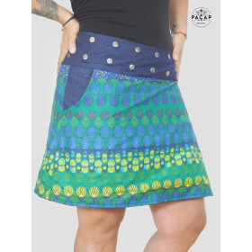 jupe ethnique mi-longue verte gande taille réversible en coton imprimé