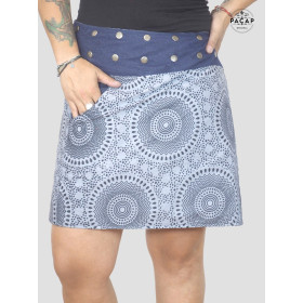 jupe ethnique bleue pour femme taille haute ajustable reversible avec poche motif mandala