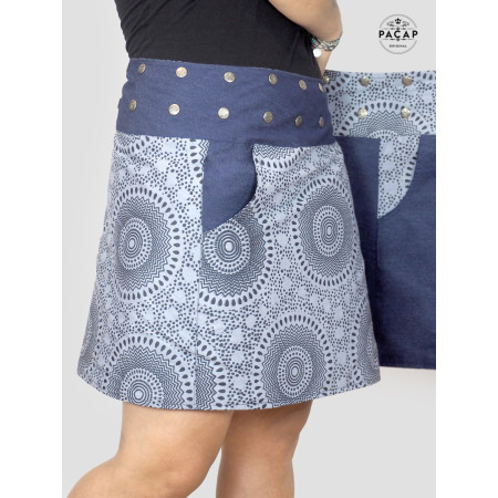 jupe femme en jean, jupe ethnique, jupe portefeuille, jupe réversible, jupe denim, jupe ceinture boutonée