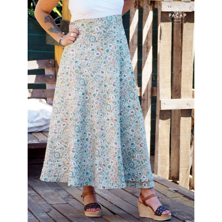 jupe portefeuille verte a fleurs taille haute