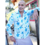 chemise bleue a fleurs manche longue en coton