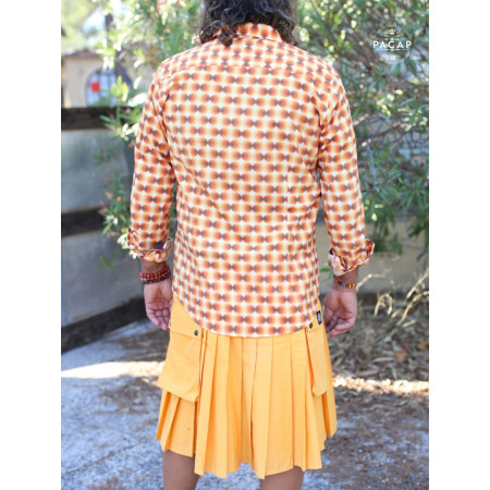 chemise loud jaune imprimé rétro vintage à pois orange manceh longue coupe cintrée à revers