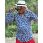 chemise ethnique bleue pour homme motif cerles aborigènes tribale col pointu, chemise satiné, chemise en viscose