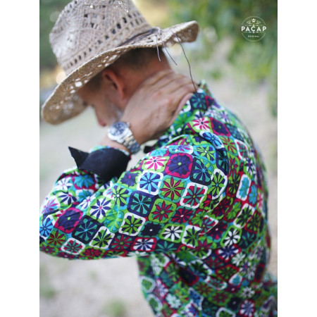 Chemise verte et bleue originale pour homme, chemise en viscose, chemise fantaisie, chemise ethnique, chemise rosaces
