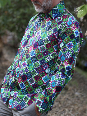 Chemise verte a rosaces sur tissus en viscose imprimé multicolore pour homme bouton unicolore