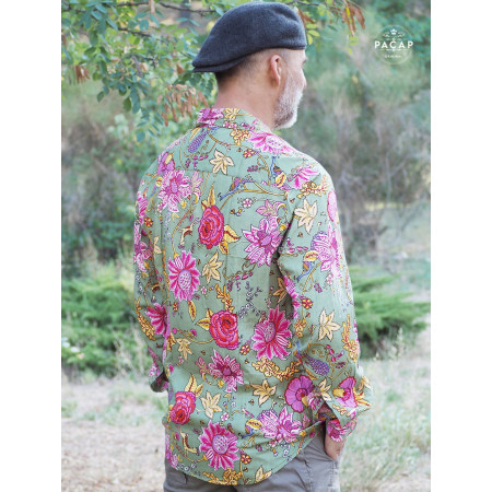 chemise florale verte pour homme, chemise hawaiene verte, chemise manches fleurs roses
