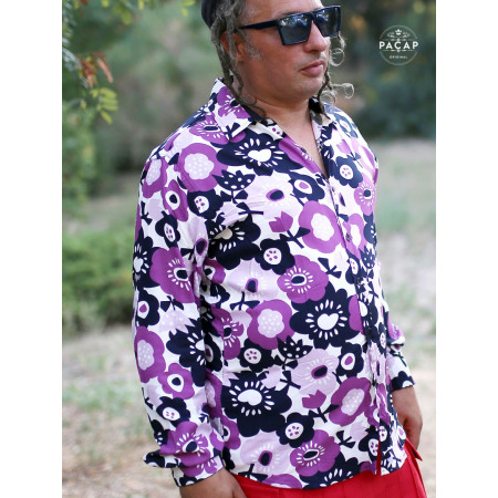 Chemise florale mauve, chemise a grosse fleurs bleues et violettes, chemise décontractée, chemise fleurie