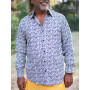 chemise souple blanche petite carreaux bleus, bouton colorés, chemise de travail, chemise formel, chemise sport
