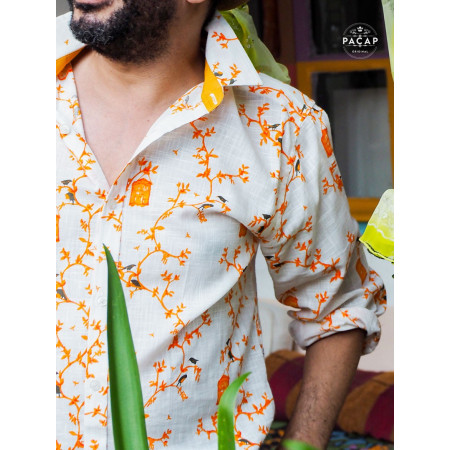 chemise blanche et jaune homme haute couture voile de coton réspirant de qualité bouton coloré imprimé