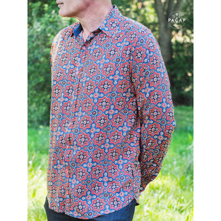 chemise rouge originale pour homme motif indien perse, impression pochoir block print