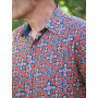 chemise violette motif rouge graphique, arabesque pour homme, chemise en viscose, chemise fantaisie et vintage