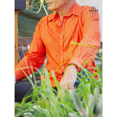 chemise rouge capucine rayée pour homme, chemise fluide orange a rayures, chemise colorée