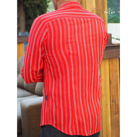 chemise homme décontractée rouge vif pour homme imprimé fantaisie a rayures blanches manches longues