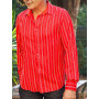 chemise rouge originale rayée pour homme en viscose tissu fluide et volant a revers col francais coupe cintrée