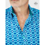 chemise vintage bleue imprimé géometrique rétro a carreaux motif fantaisie en coton col francais fait mains pour homme