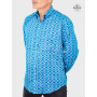 chemise originale bleue imprimé fantaisie a carreaux pour homme, manche longue, coupe droite cintrée revers de col coloré