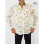chemise blanche en voile de coton imprimé vert fleurs de pissenlit motif blossoms végétale à manche longue pour homme