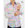 chemise rose et violette hawaienne a manche longue en voile de coton imprimé grosse fleurs a revers