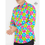 chemise hawaienne blanche a fleurs 5 petales rose bleue et verte en coton bouton colorée manche longue pour homme