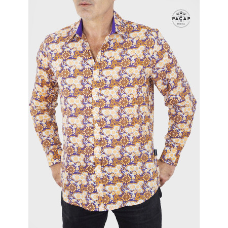 chemise originale imprimée abstrait orange pour homme manche longue en coton style vintage et rétro