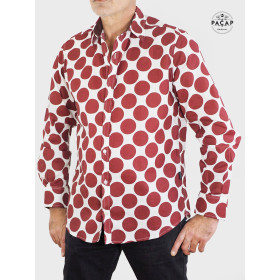 chemise blanche a gros pois rouge bordeaux tissu leger confortable en voile de coton pour homme