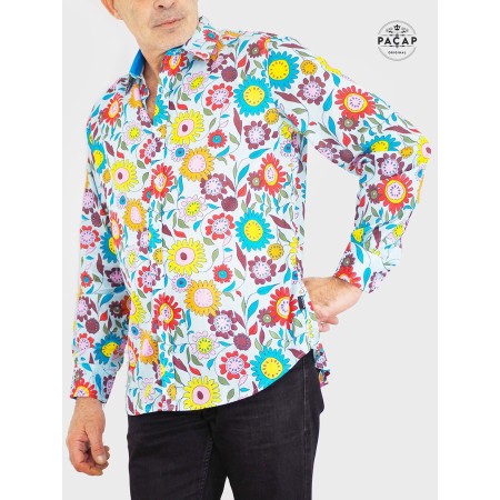 chemise Hippie groovy loud imprimé fleurs rétro vintage psychedelique multicolore flower power
