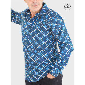 chemise fantaisie bleue imprimée en coton motif abstrait a pois blanc et tache bleu clair