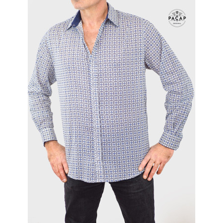 chemise de ville bleue pour homme, coton fin manche longue imprimé micro motif pour homme