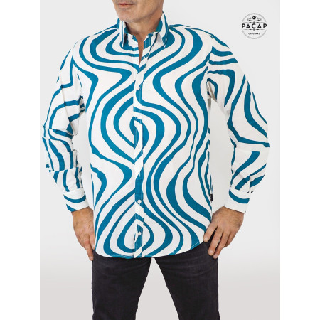 chemise blanche ondulation verte psychédélique, chemise originale fantaisie manche longue