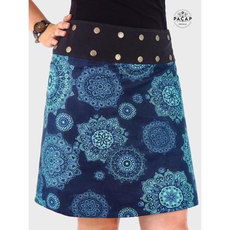 jupe bleue grande taille boutonnée, jupe coton, jupe portefeuille femme