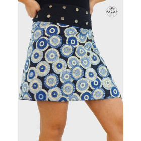 jupe mandala bleue grande taille pour femme, jupe femme ronde bleue, jupe évasée grande taille