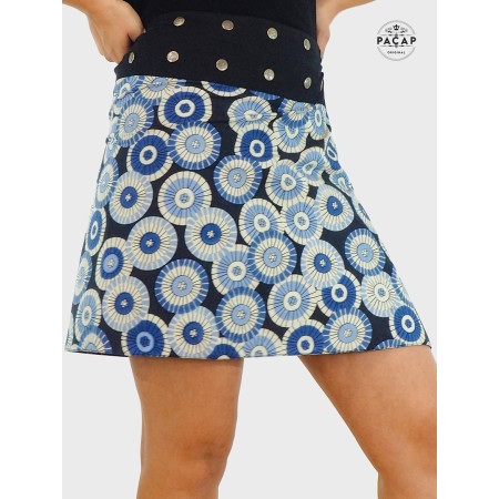 jupe mandala bleue grande taille pour femme, jupe femme ronde bleue, jupe évasée grande taille