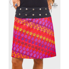 jupe ethnique rouge grande taille ceinture boutonnée coupe portefeuille fendue réversible en coton
