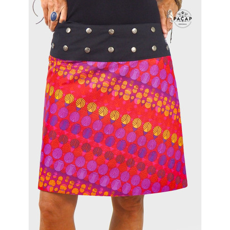 jupe ethnique rouge grande taille ceinture boutonnée coupe portefeuille fendue réversible en coton