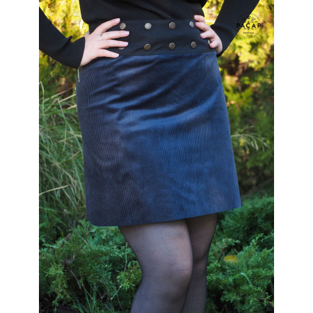 jupe velours côtelé femme couleur bleu foncé coupe droite fendu taille unique enveloppante