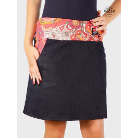 jupe portefeuille reversible en jean noir unicolore avec bouton poussoir coupe droite fendue longueur genoux