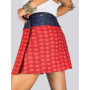 mini jupe trapèze rouge fendue ceinture jean bleue  bouton pression mi cuisse réversible