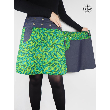 jupe verte portefeuille avec poche coupe wrap enveloppante croisée imprimé géometrique pour femme