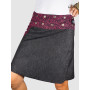 jupe noire en jean imprimé pois points rouge grin de riz avec poche, jupe trapèze, jupe fendue, jupe à bouton